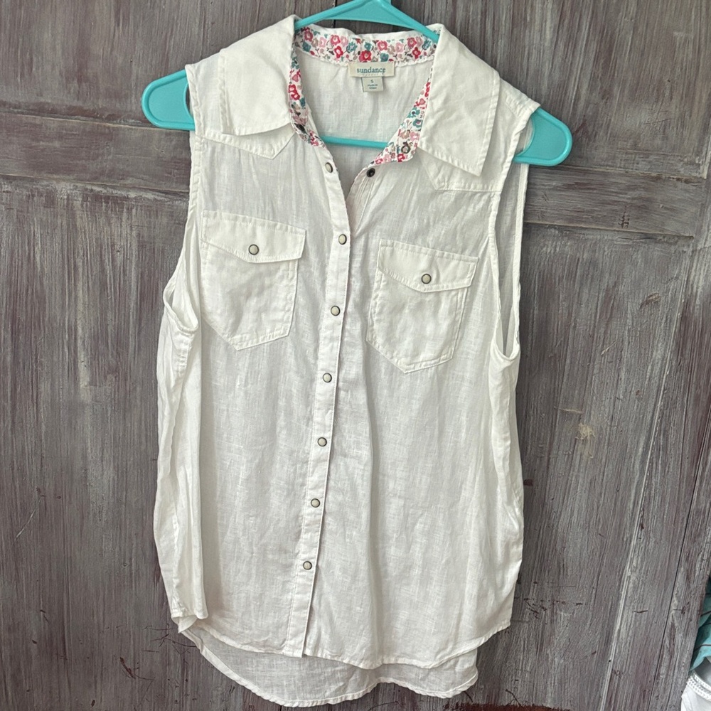 NWOT Sundance White Linen Sleeveless Button-Down Shirt S.